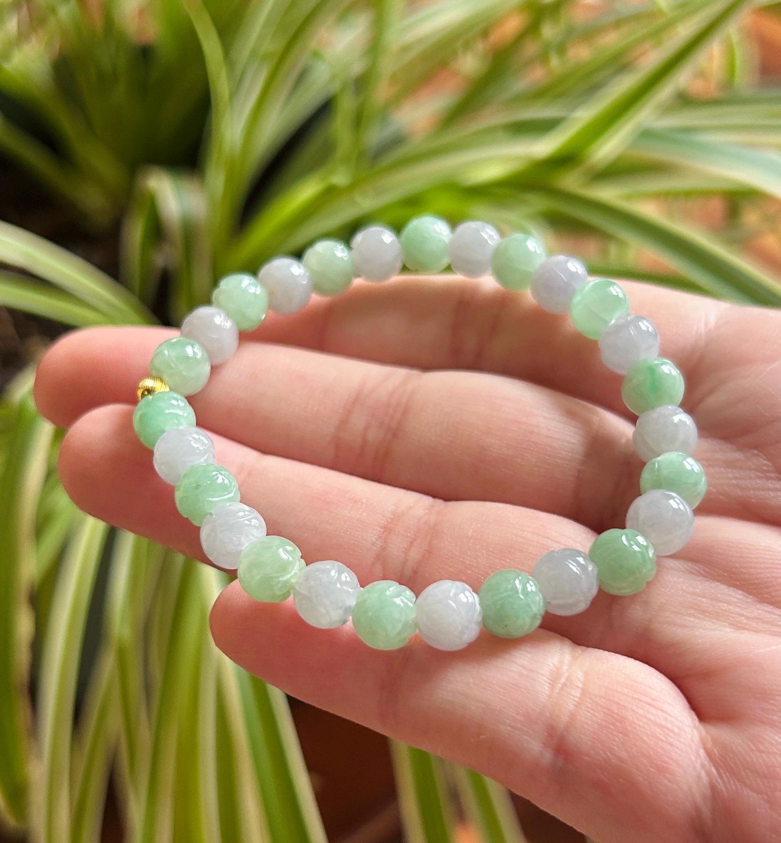Natural Jadeite Beaded Bracelet Burmese Type A Translucent Icy Apple Green & Pale Lavender Jade Rounded Lotus Beads 6.8mm