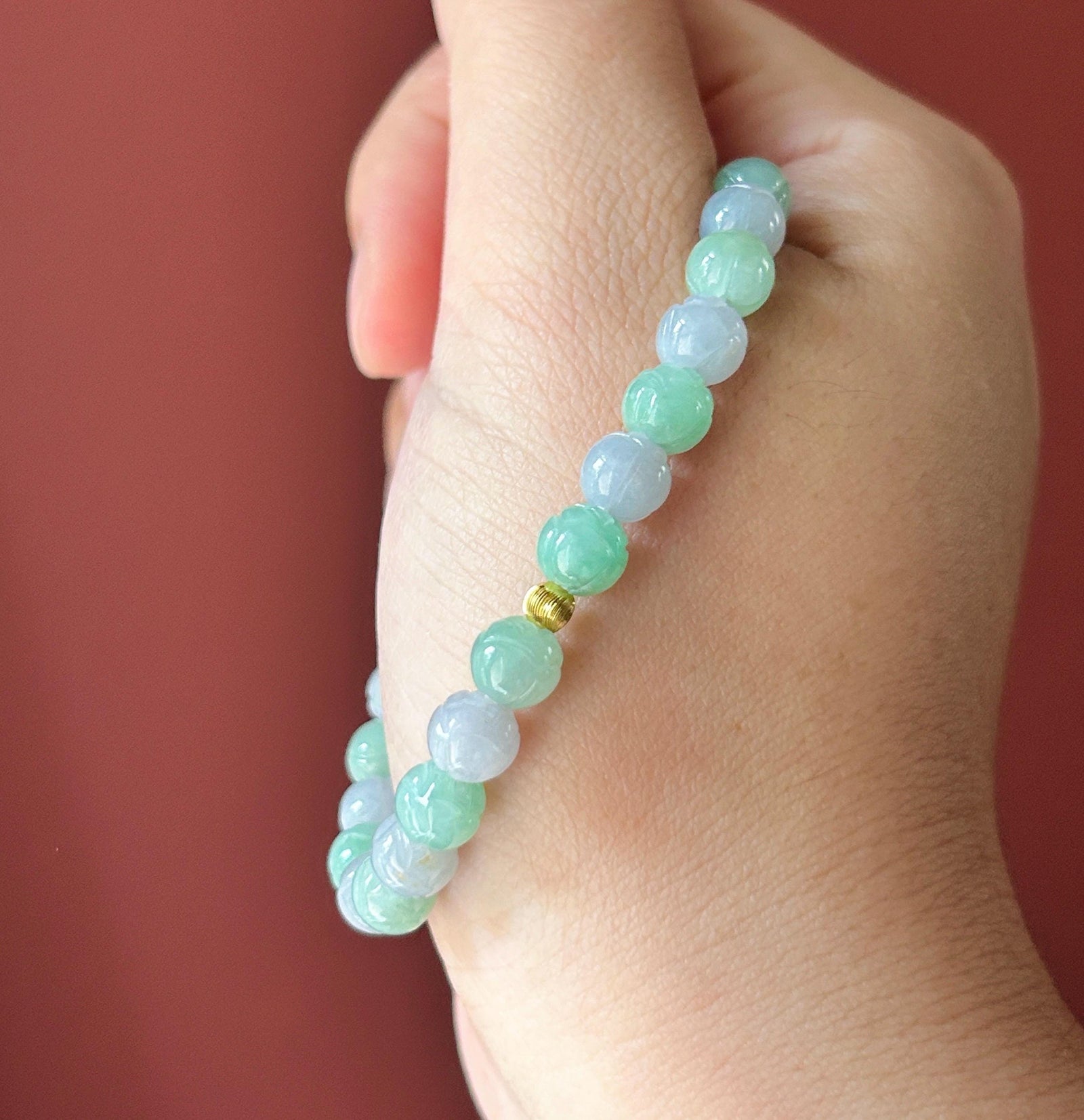 Natural Jadeite Beaded Bracelet Burmese Type A Translucent Icy Apple Green & Pale Lavender Jade Rounded Lotus Beads 6.8mm