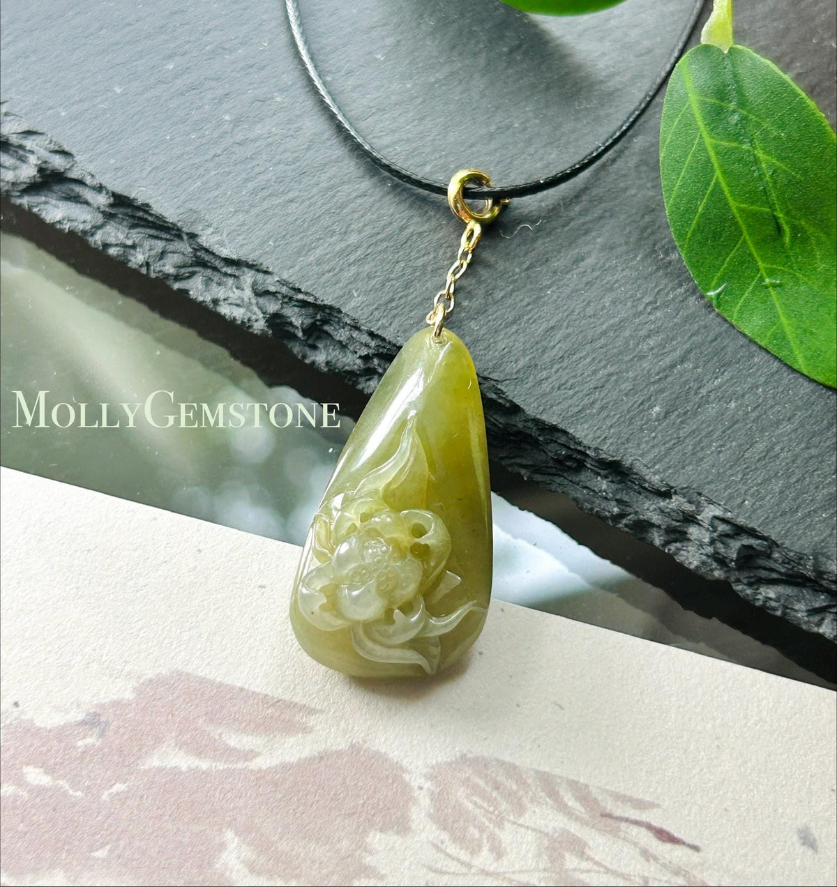 Natural Jadeite Lotus Pendant Burmese Type A Translucent Icy Glutinous Olive Tea Yellow Jade, Sterling Silver Clasp
