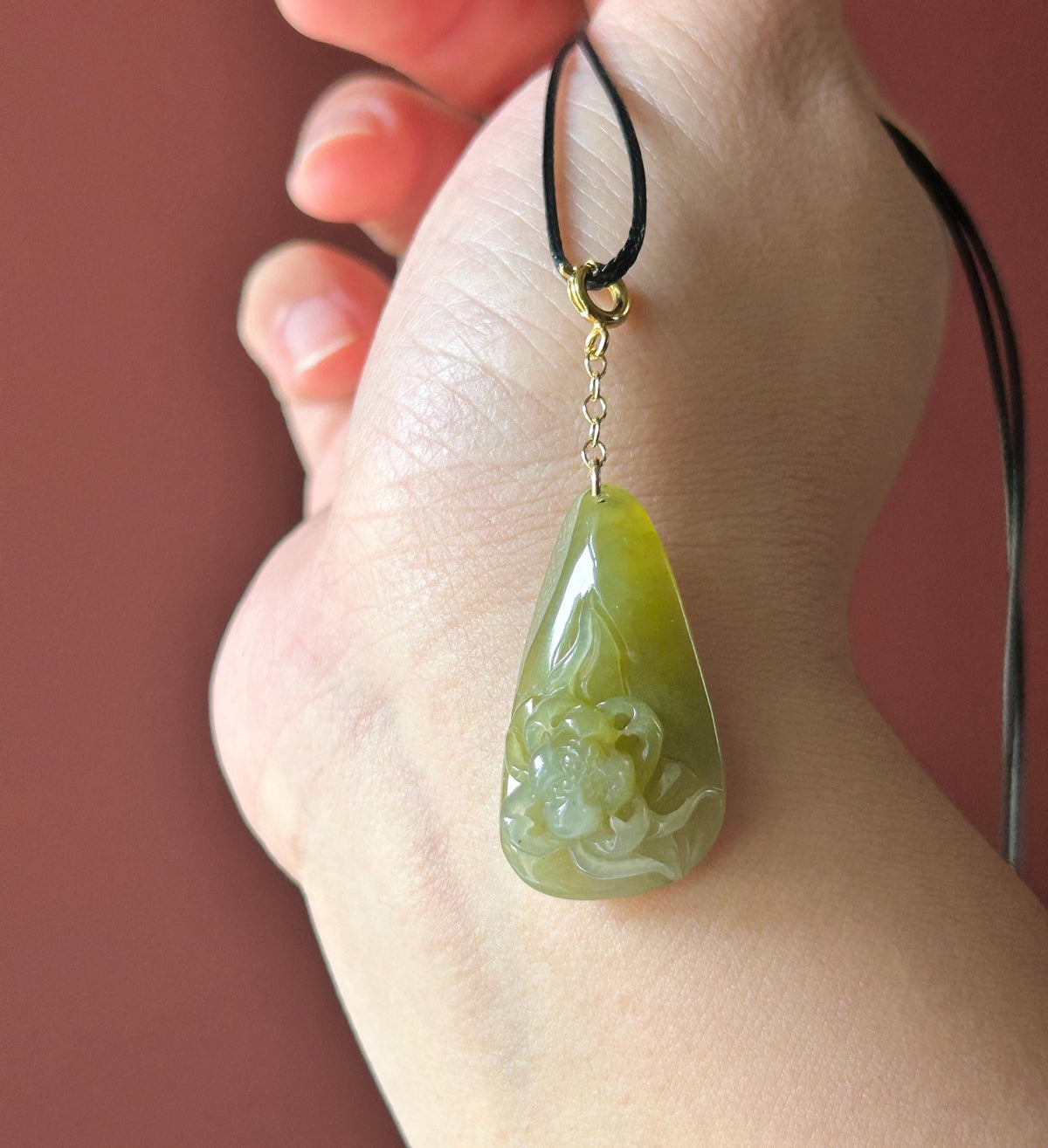 Natural Jadeite Lotus Pendant Burmese Type A Translucent Icy Glutinous Olive Tea Yellow Jade, Sterling Silver Clasp