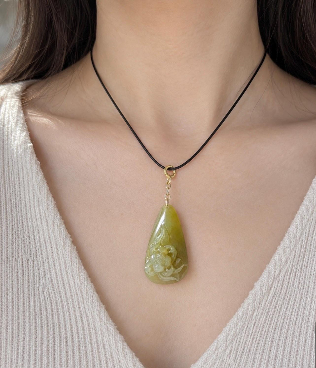 Natural Jadeite Lotus Pendant Burmese Type A Translucent Icy Glutinous Olive Tea Yellow Jade, Sterling Silver Clasp