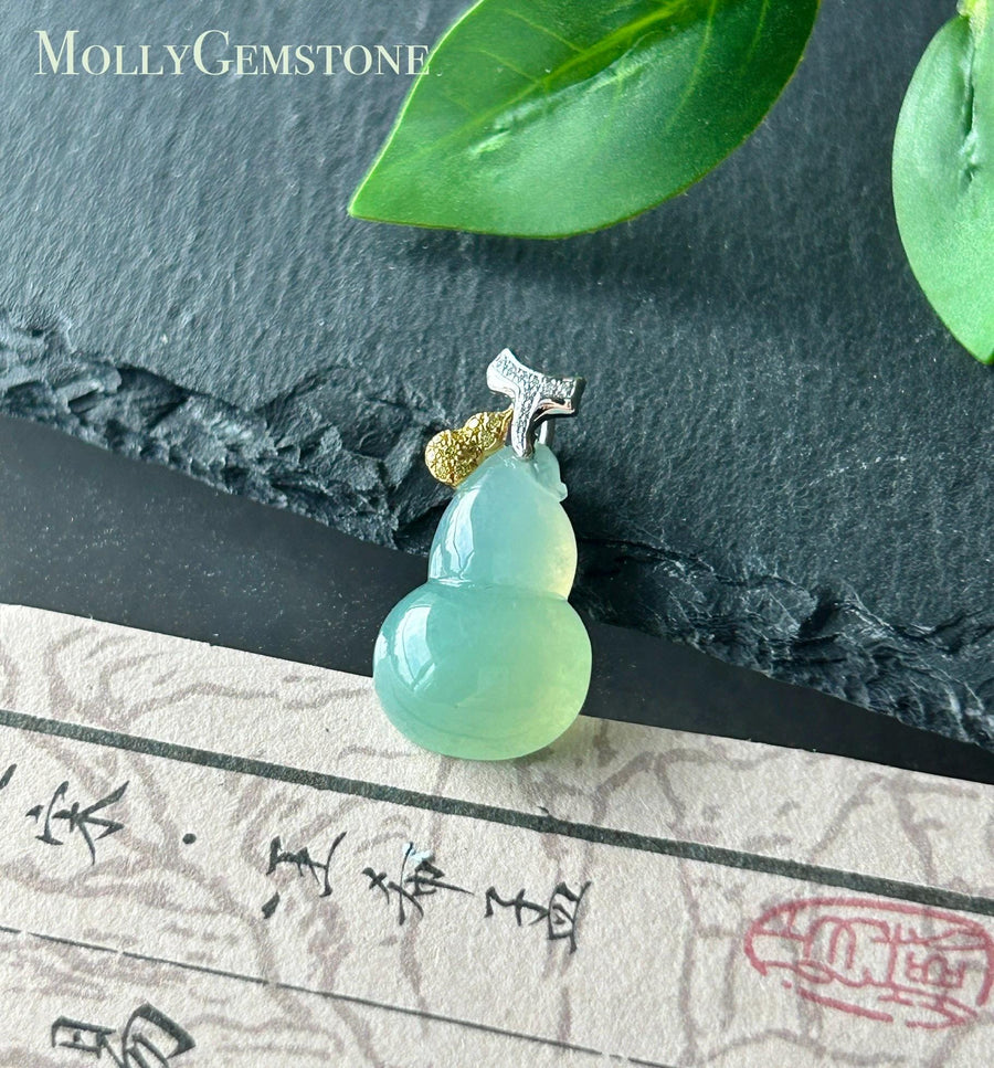 Certified Natural Jadeite Gourd Pendant High-End Burmese Type A Highly Translucent Icy Sweet Apple Green Jade Hulu, 18k Solid Gold, Diamonds