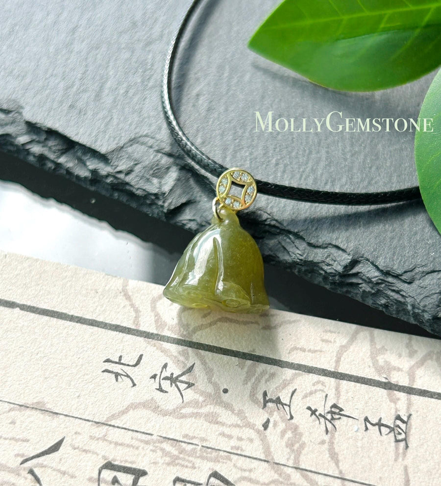 Natural Jadeite Lotus Pod Petite Pendant Burmese Type A Translucent Icy Glutinous Olive Tea Yellow Jade, Sterling Silver