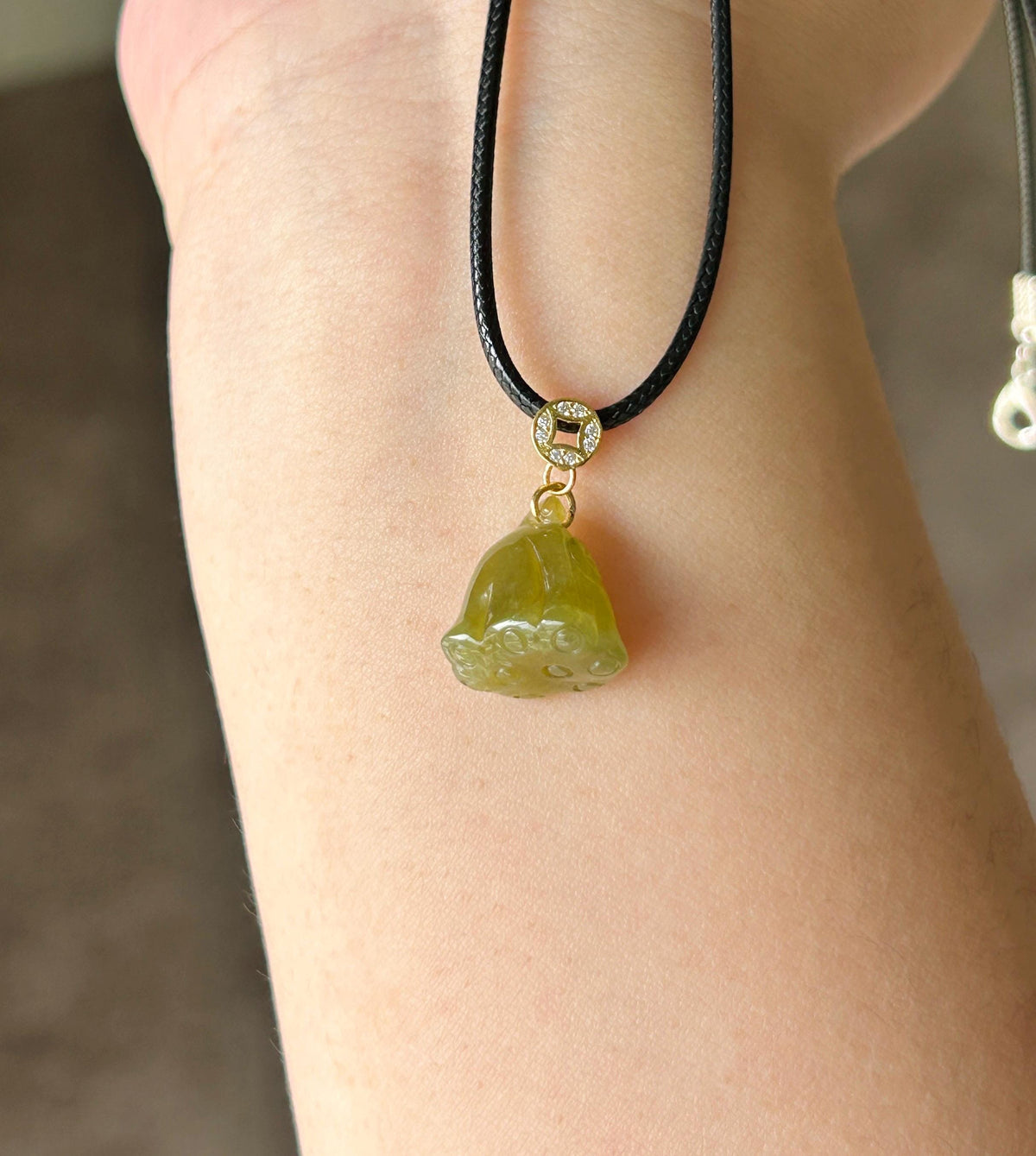 Natural Jadeite Lotus Pod Petite Pendant Burmese Type A Translucent Icy Glutinous Olive Tea Yellow Jade, Sterling Silver