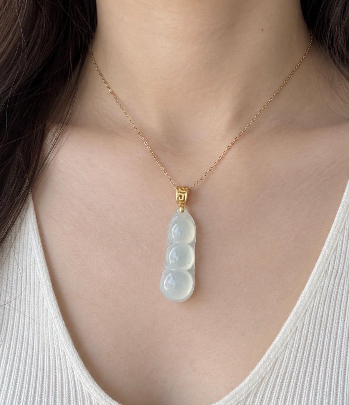 Certified Natural Jadeite Bean Pendant Burmese Type A Highly Translucent Icy Moonlight White Jade, 18k Solid Gold Bail