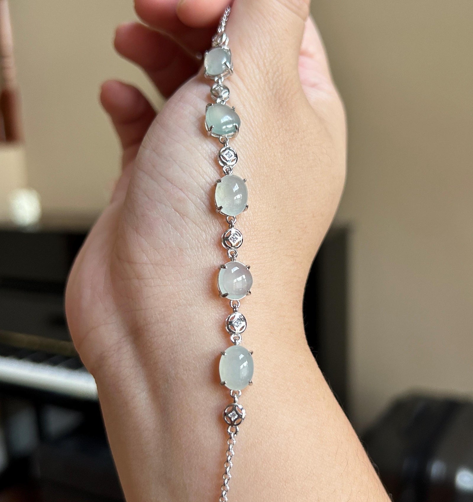 Natural Jadeite Cabochon Bracelet, Burmese Type A Translucent Icy White Jade in 925 Sterling Silver, Adjustable Length