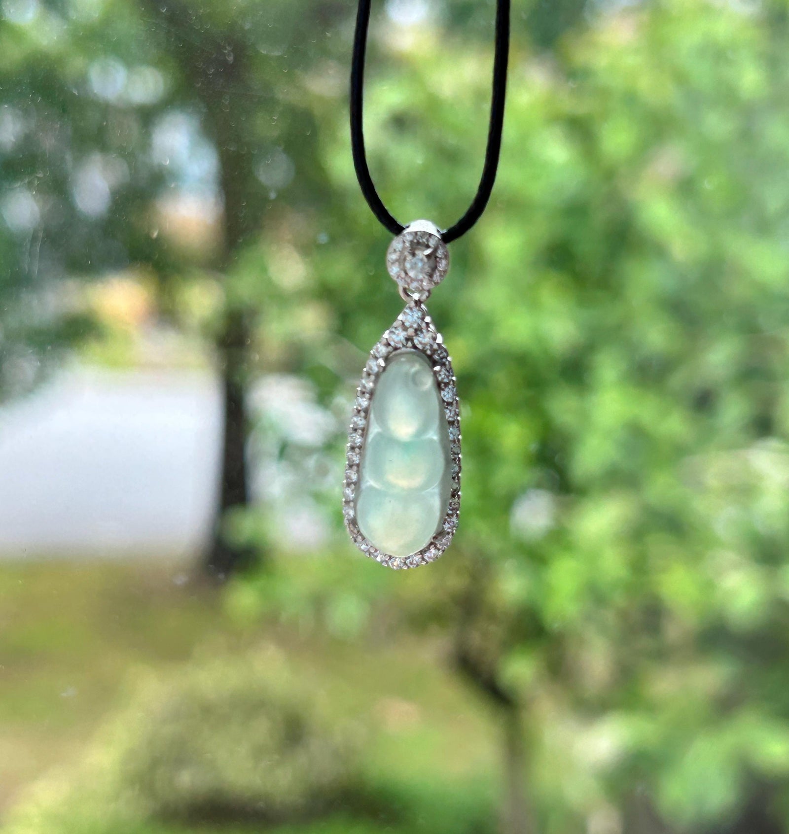 Natural Jadeite Bean Pendant Burmese Type A Highly Translucent Icy Light Celadon Green Jade, Sterling Silver