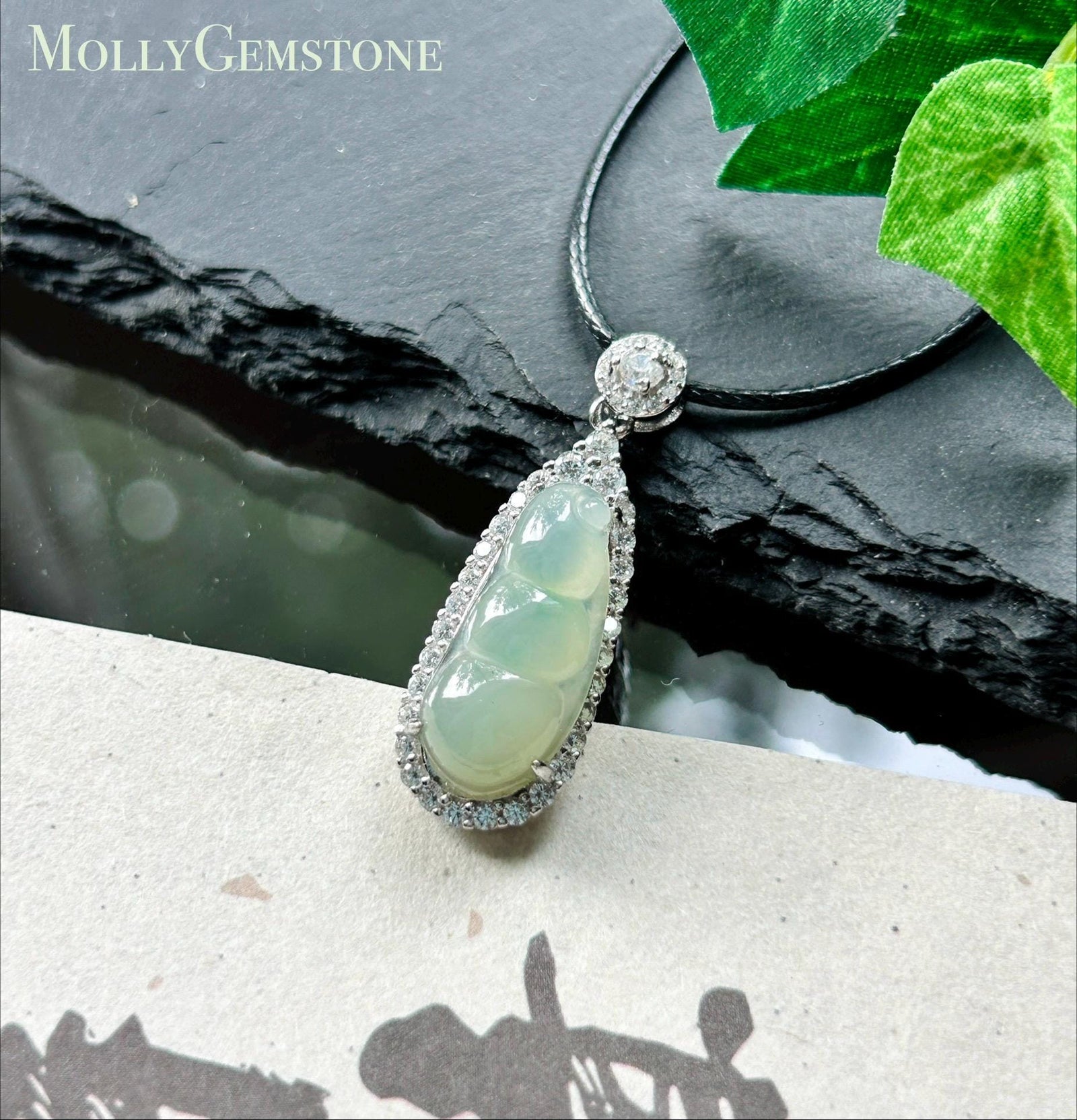 Natural Jadeite Bean Pendant Burmese Type A Highly Translucent Icy Light Celadon Green Jade, Sterling Silver
