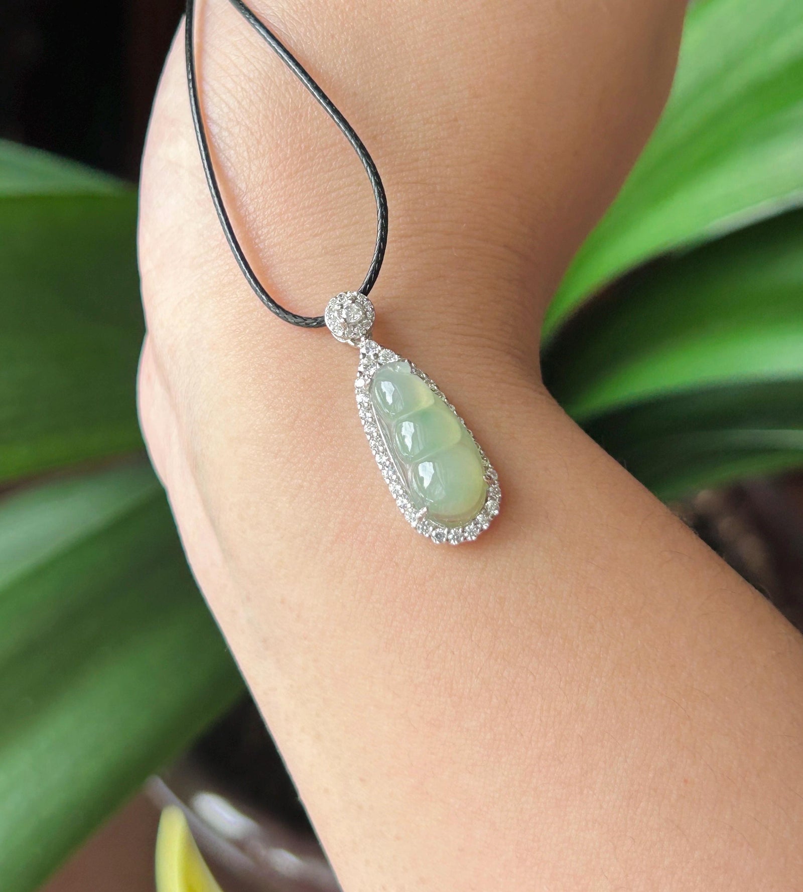Natural Jadeite Bean Pendant Burmese Type A Highly Translucent Icy Light Celadon Green Jade, Sterling Silver