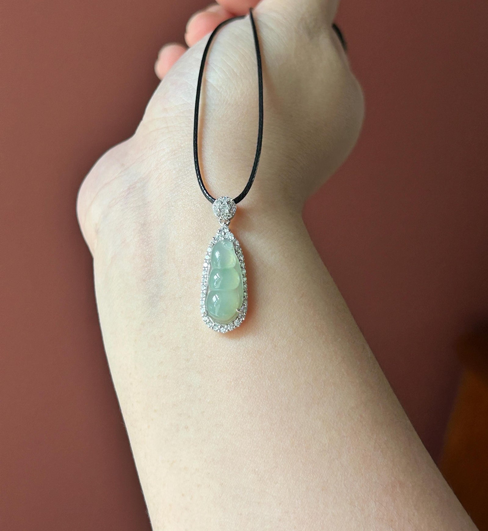 Natural Jadeite Bean Pendant Burmese Type A Highly Translucent Icy Light Celadon Green Jade, Sterling Silver