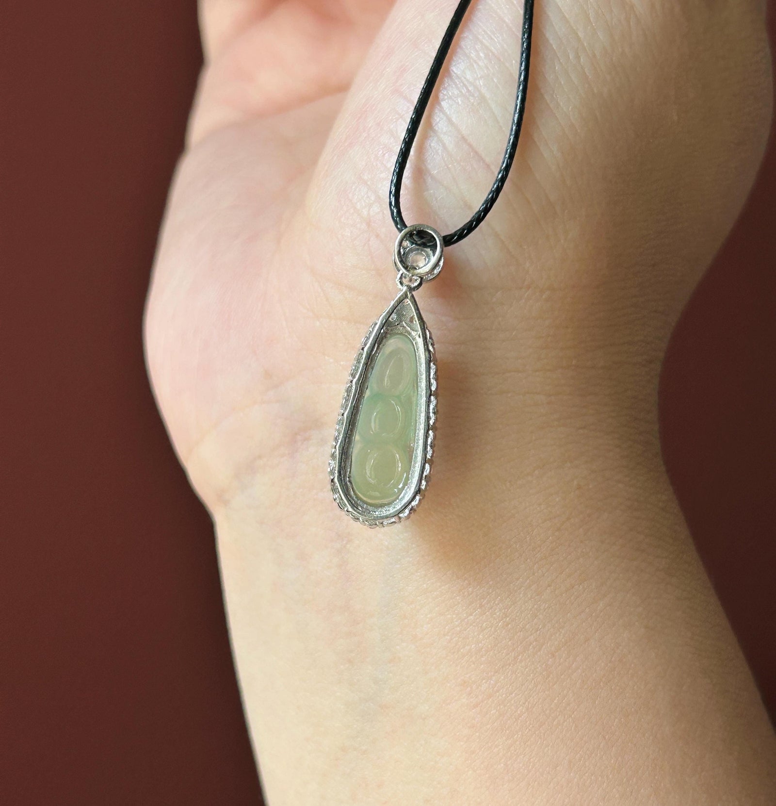 Natural Jadeite Bean Pendant Burmese Type A Highly Translucent Icy Light Celadon Green Jade, Sterling Silver