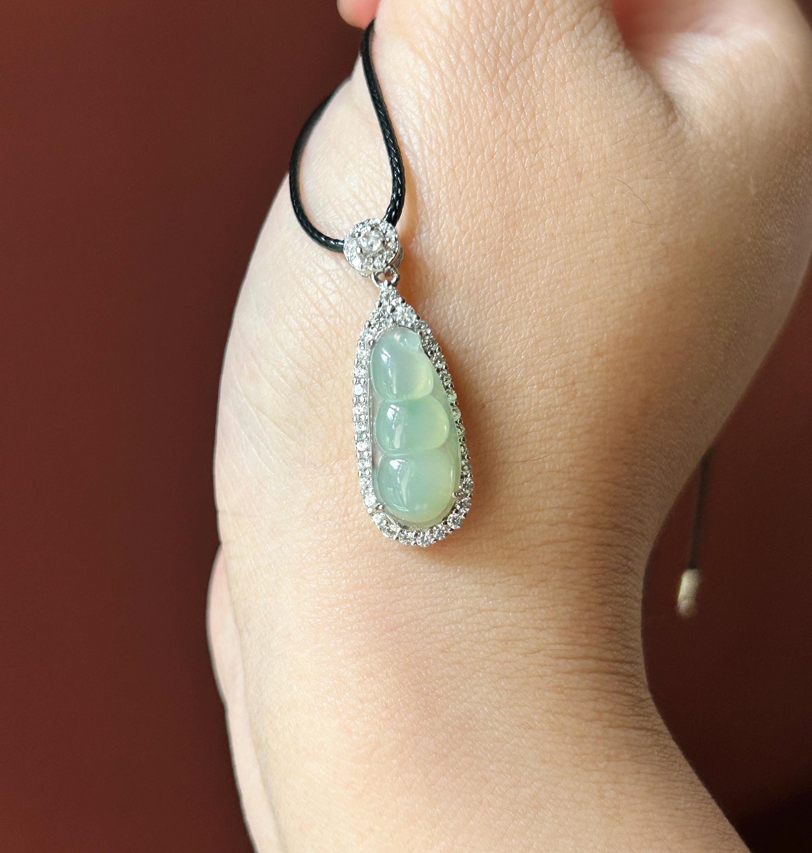 Natural Jadeite Bean Pendant Burmese Type A Highly Translucent Icy Light Celadon Green Jade, Sterling Silver