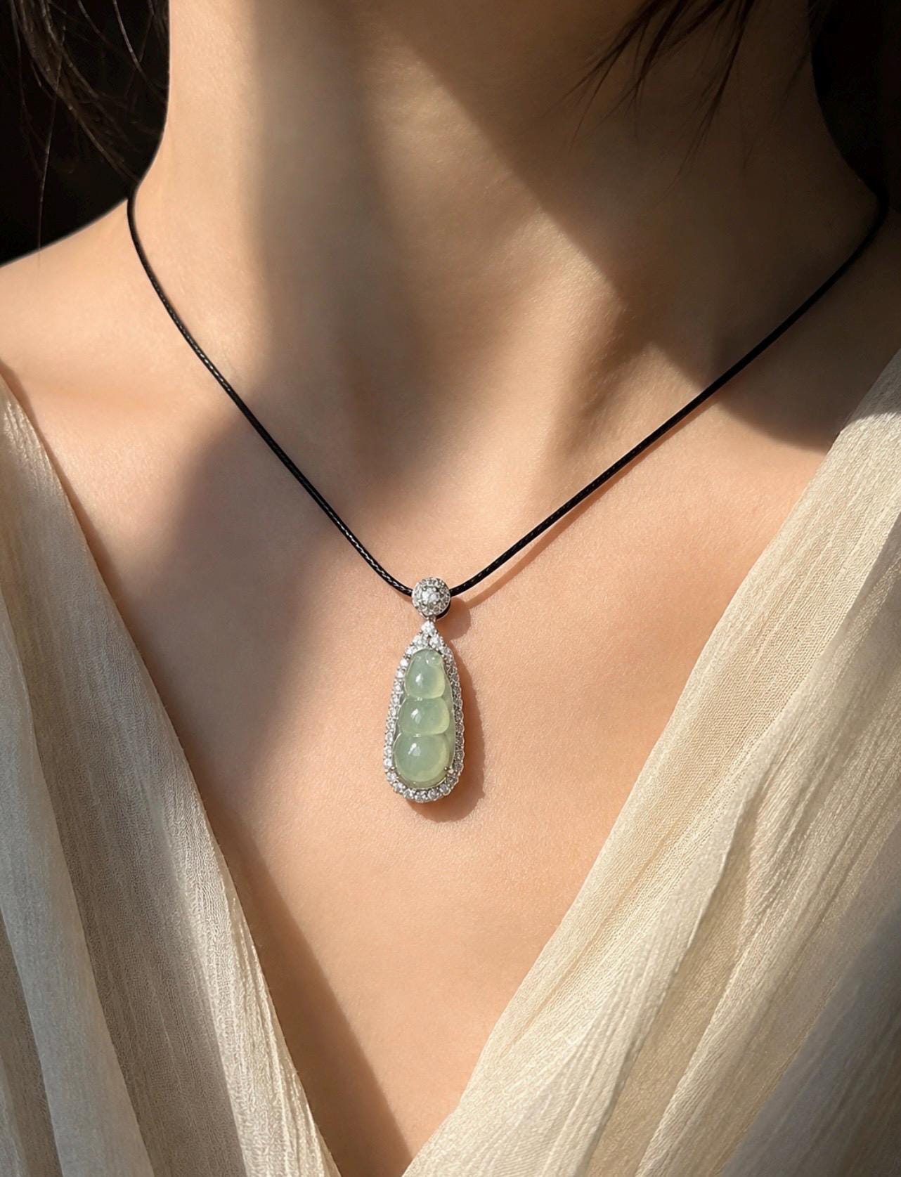Natural Jadeite Bean Pendant Burmese Type A Highly Translucent Icy Light Celadon Green Jade, Sterling Silver
