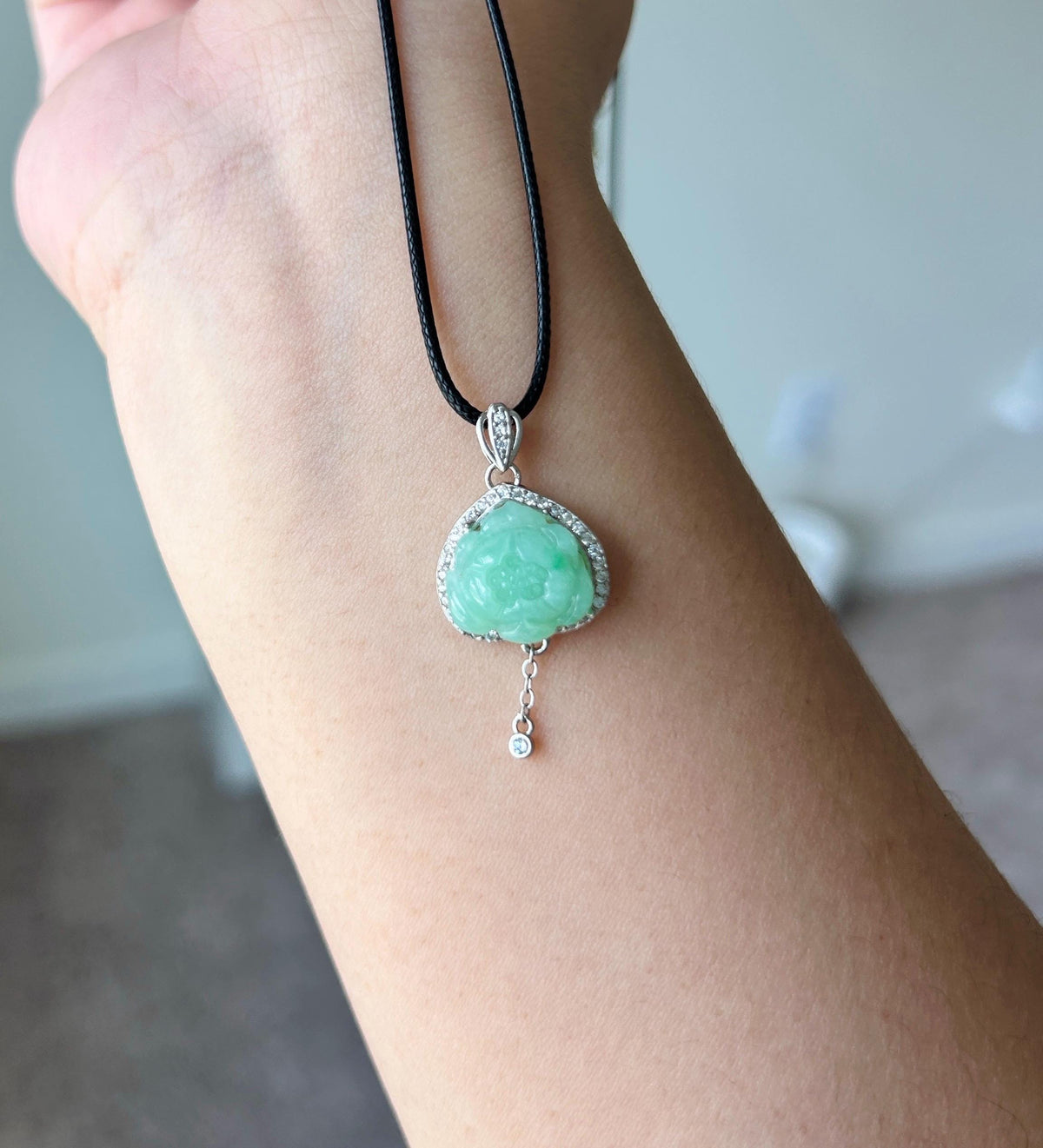 Natural Jadeite Lotus Pendant Burmese Type A Translucent Fine Glutinous Icy Apple Green Jade, Sterling Silver