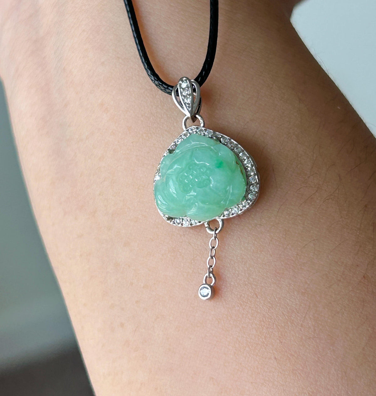 Natural Jadeite Lotus Pendant Burmese Type A Translucent Fine Glutinous Icy Apple Green Jade, Sterling Silver