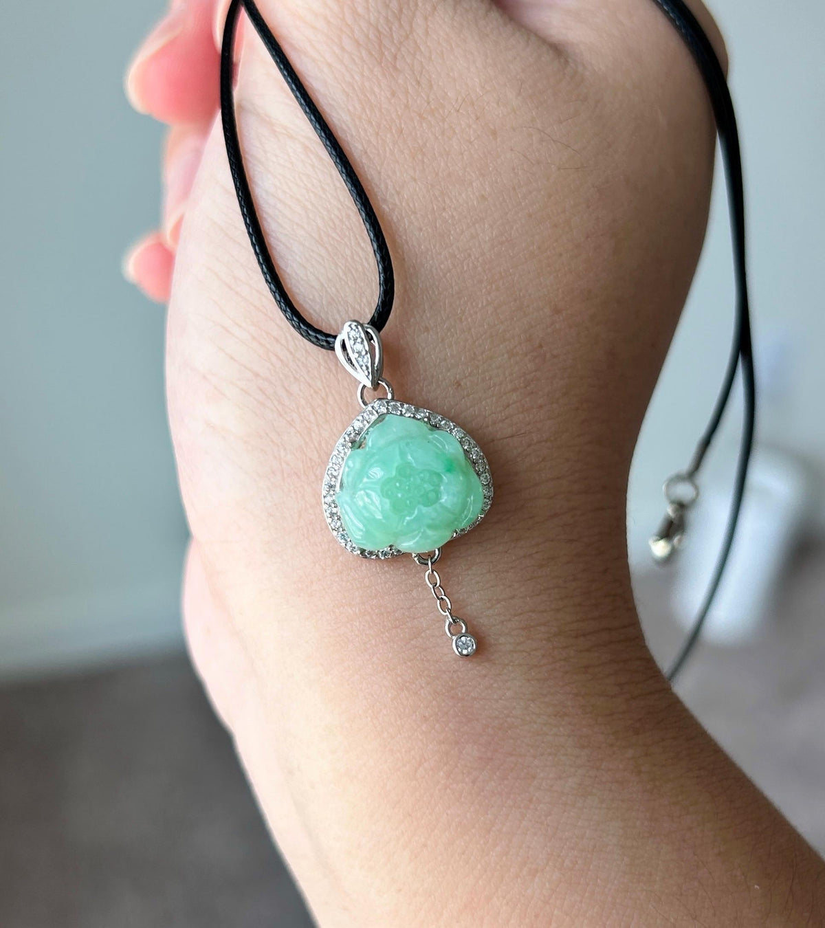 Natural Jadeite Lotus Pendant Burmese Type A Translucent Fine Glutinous Icy Apple Green Jade, Sterling Silver