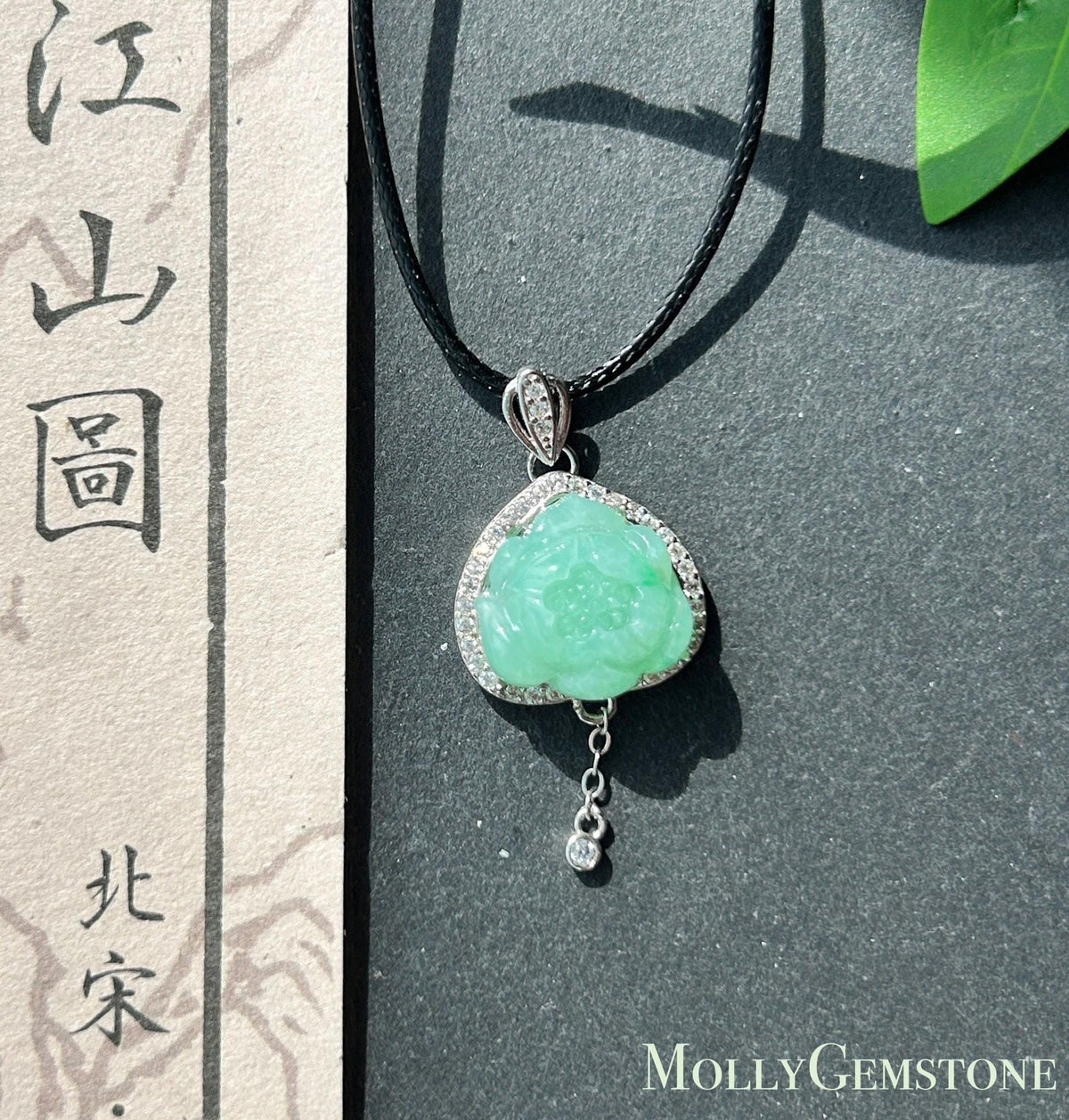 Natural Jadeite Lotus Pendant Burmese Type A Translucent Fine Glutinous Icy Apple Green Jade, Sterling Silver
