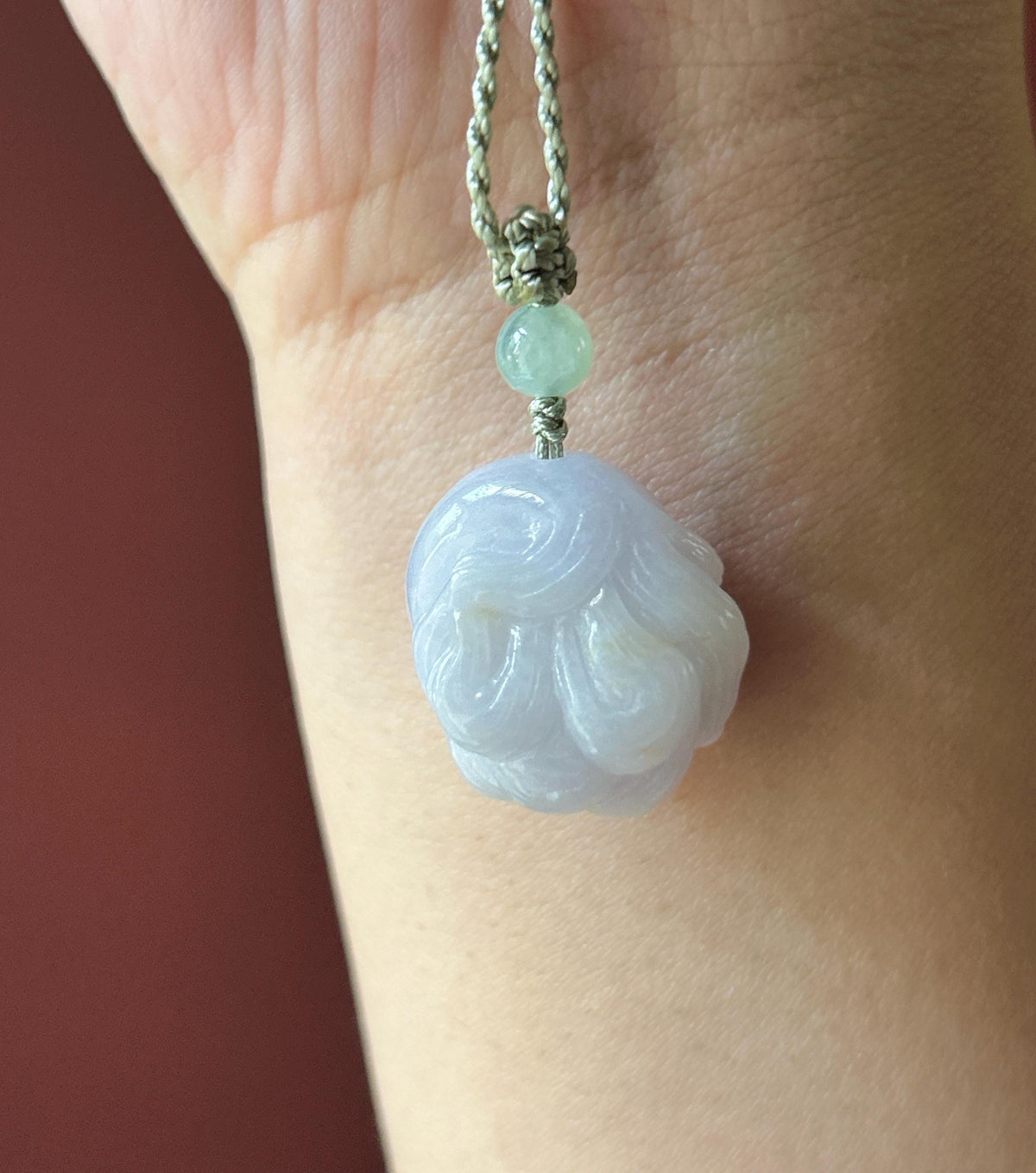 Certified Natural Jadeite Nine-Tail-Fox Pendant - Burmese Type A Icy Lavender & Red Floral Jade, Hand-Carved Sleeping Fox, Adjustable Cord