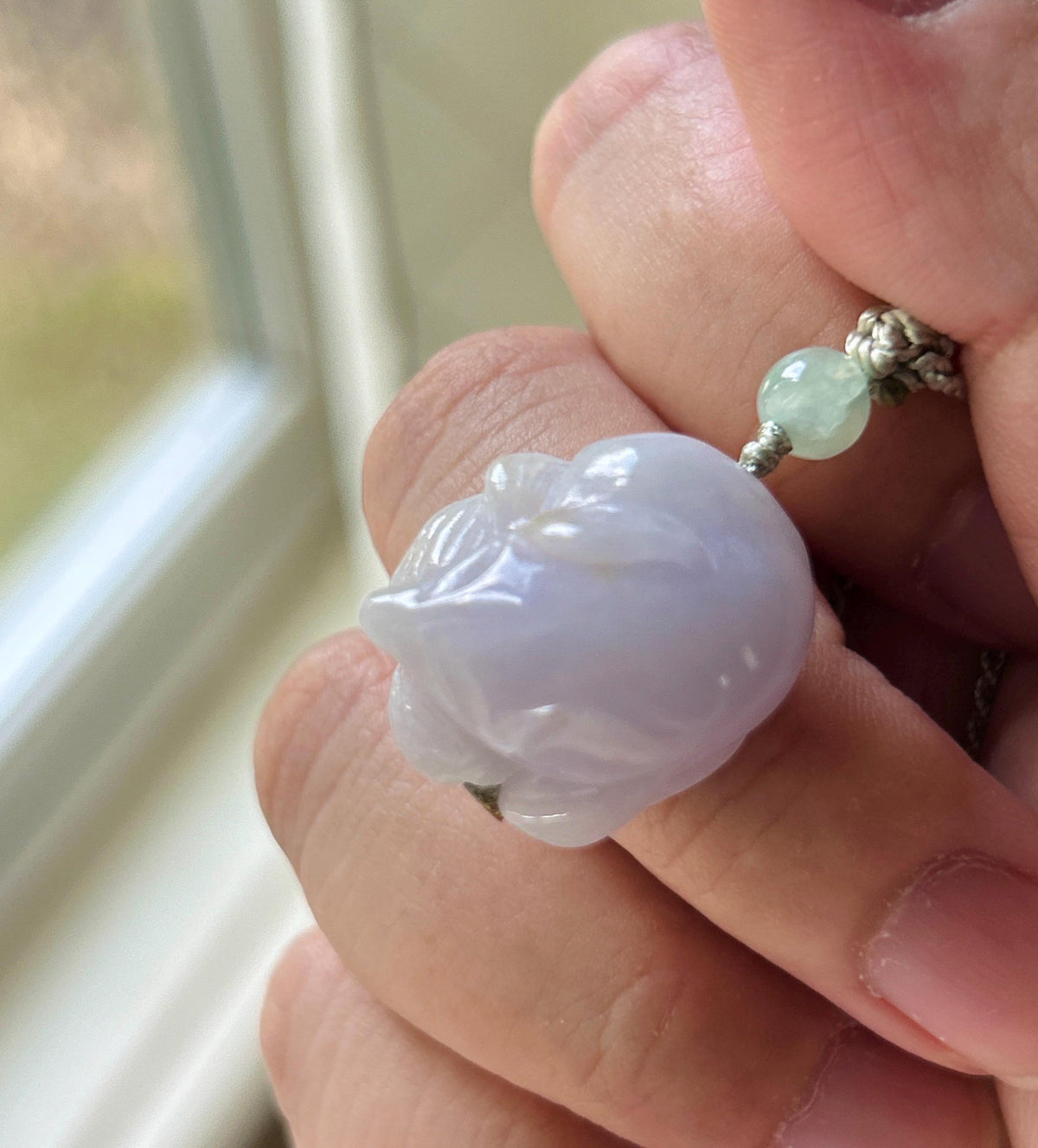 Certified Natural Jadeite Nine-Tail-Fox Pendant - Burmese Type A Icy Lavender & Red Floral Jade, Hand-Carved Sleeping Fox, Adjustable Cord