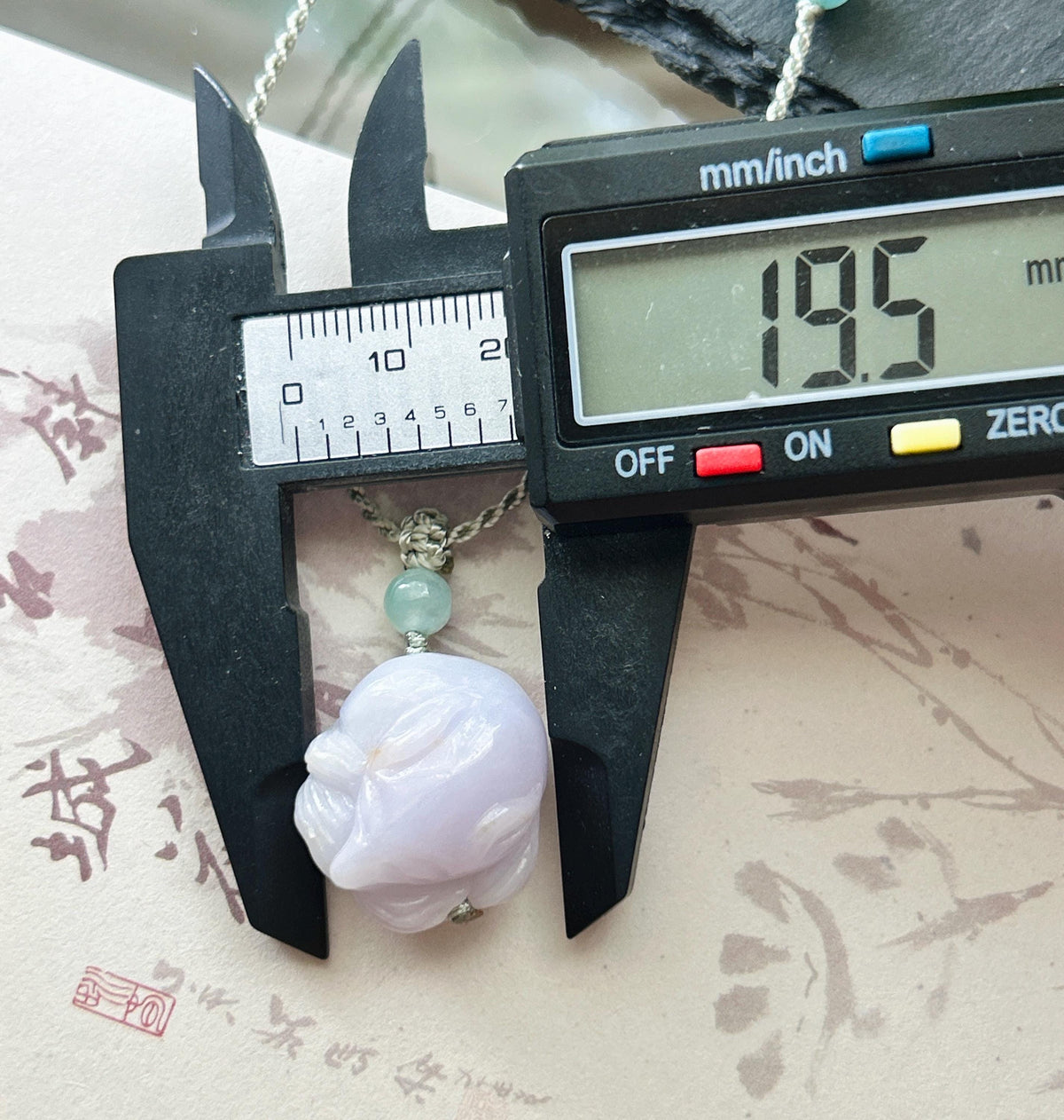 Certified Natural Jadeite Nine-Tail-Fox Pendant - Burmese Type A Icy Lavender & Red Floral Jade, Hand-Carved Sleeping Fox, Adjustable Cord