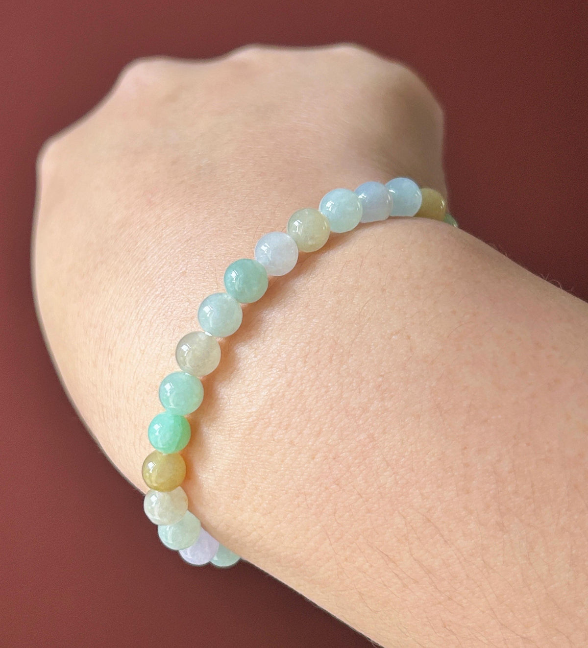 Natural Jadeite Beaded Bracelet, Burmese Type A Icy Glutinous Icy Macaron Multicolor Jade with Yellow Cabochon Focal, 6mm, Sterling Silver