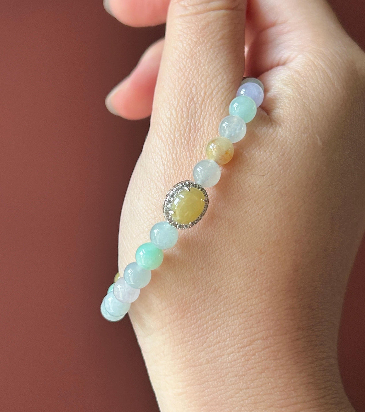Natural Jadeite Beaded Bracelet, Burmese Type A Icy Glutinous Icy Macaron Multicolor Jade with Yellow Cabochon Focal, 6mm, Sterling Silver