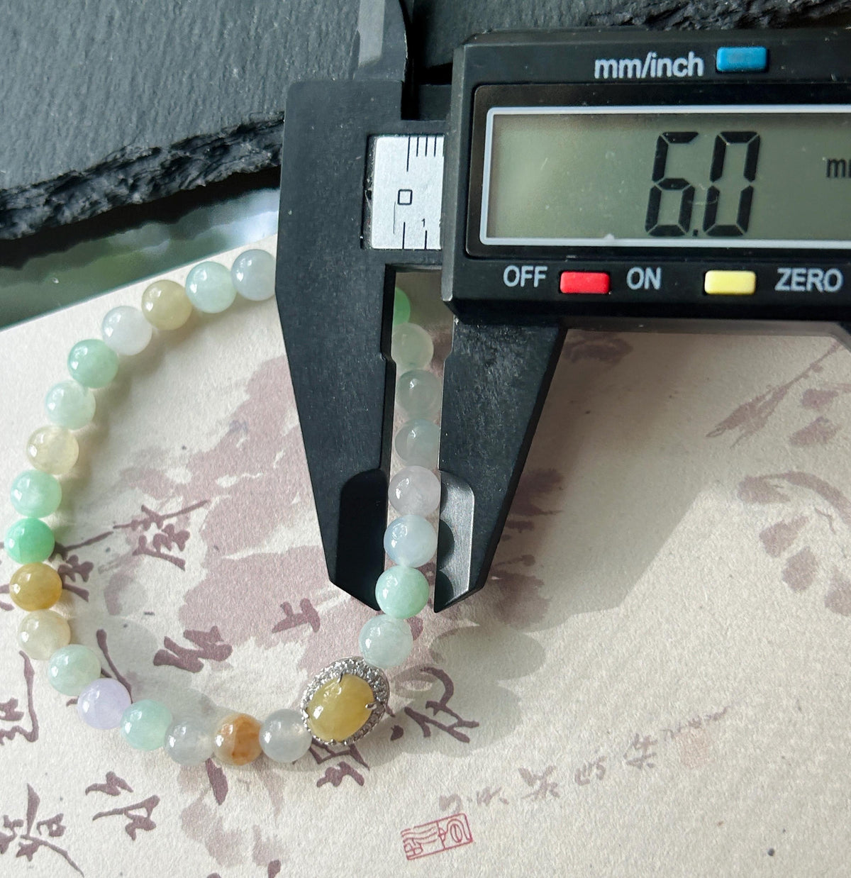 Natural Jadeite Beaded Bracelet, Burmese Type A Icy Glutinous Icy Macaron Multicolor Jade with Yellow Cabochon Focal, 6mm, Sterling Silver