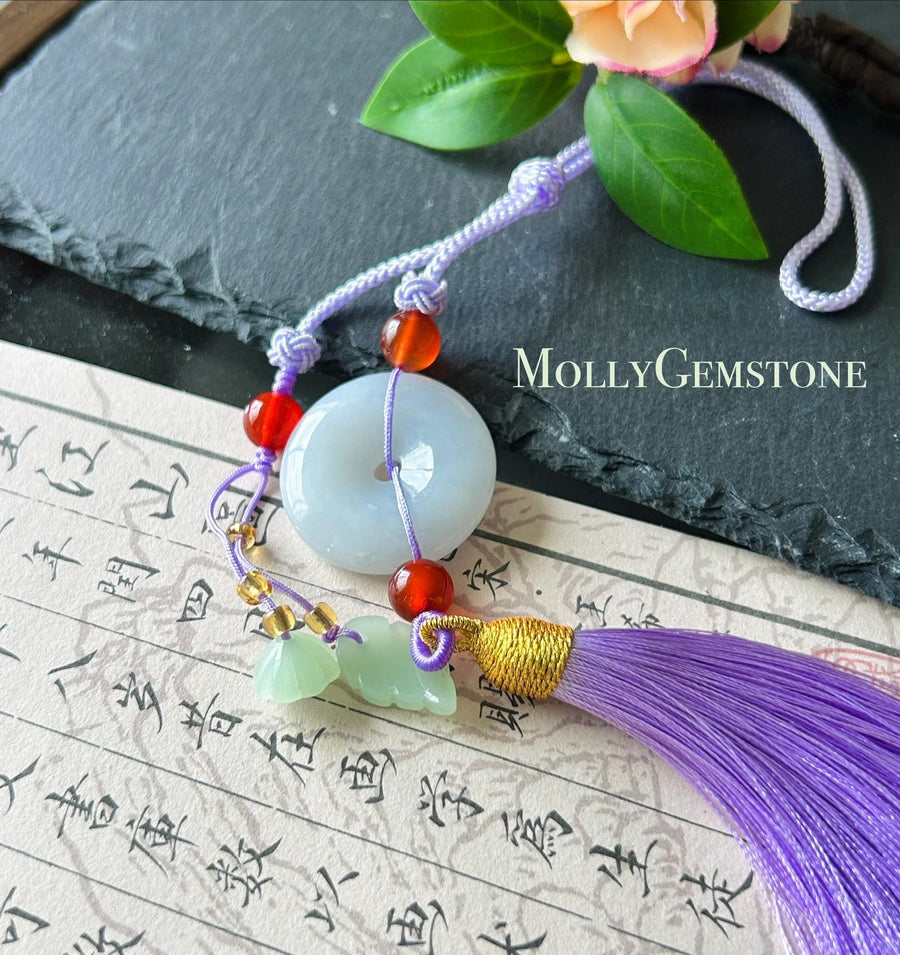 Natural Jadeite Donut Tassel Bag Charm Burmese Type A Icy White Jade Pendant, Oriental Lucky Accessory