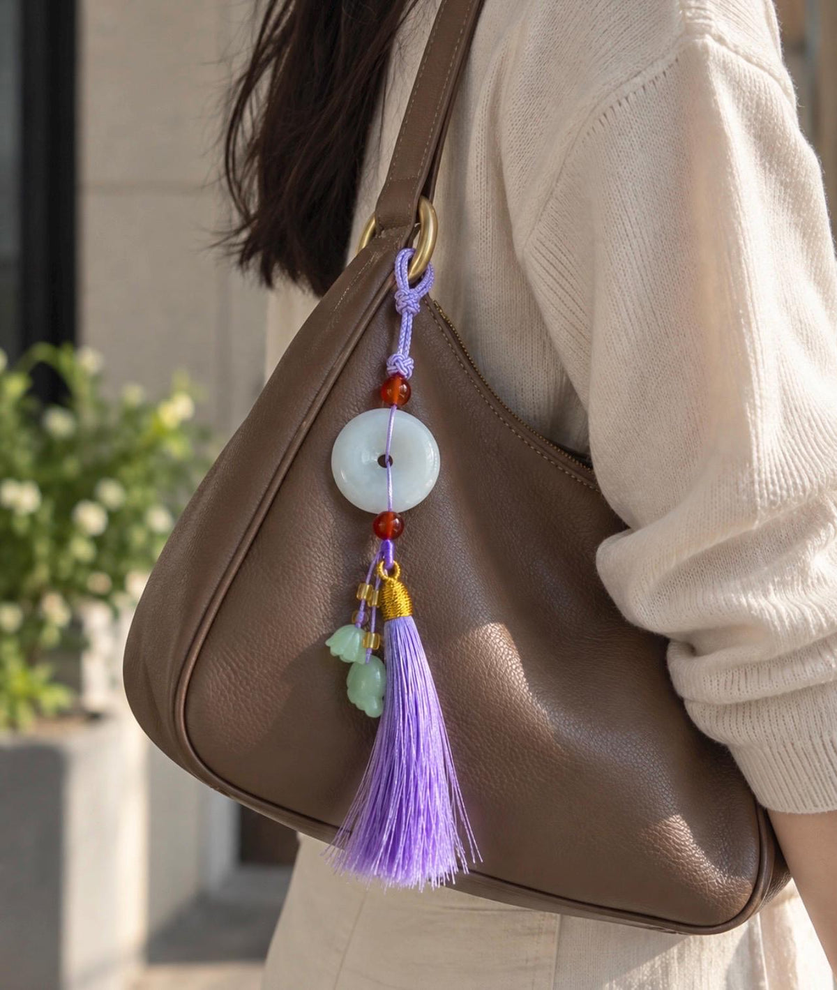 Natural Jadeite Donut Tassel Bag Charm Burmese Type A Icy White Jade Pendant, Oriental Lucky Accessory