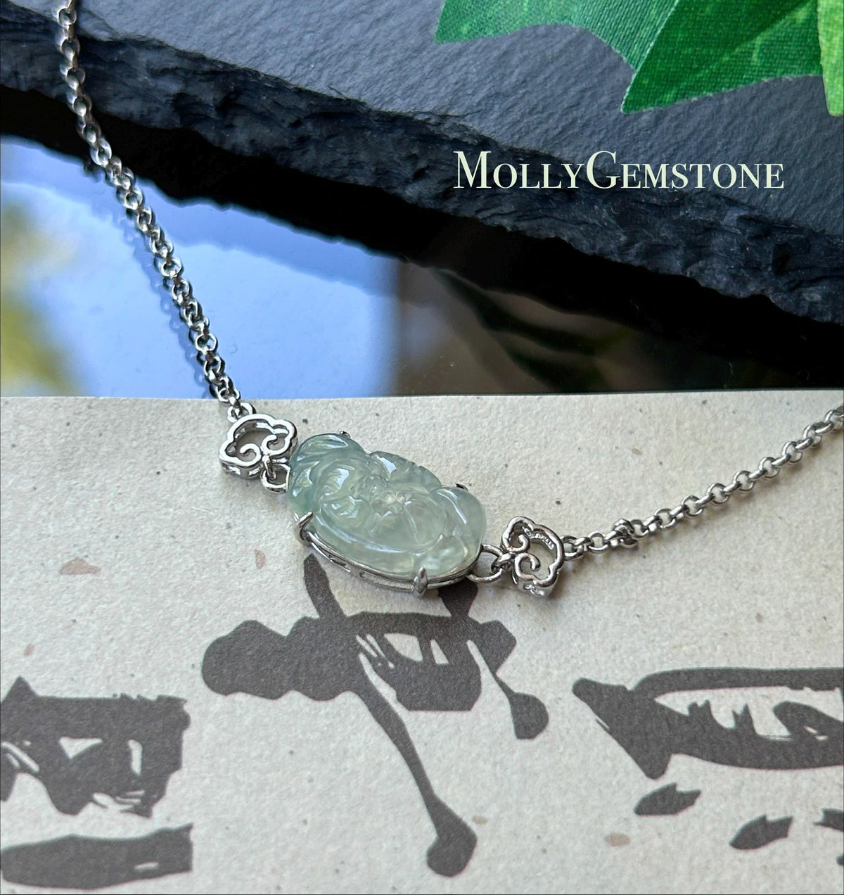 Natural Jadeite Lotus Dainty Bracelet, Burmese Type A Icy Pale Green Jade, Highly Translucent, Sterling Silver