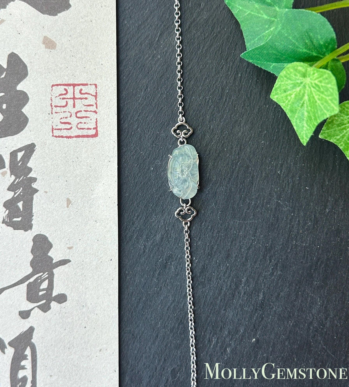 Natural Jadeite Lotus Dainty Bracelet, Burmese Type A Icy Pale Green Jade, Highly Translucent, Sterling Silver
