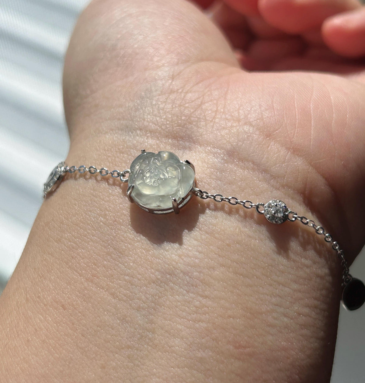 Natural Jadeite Lotus Dainty Bracelet, Burmese Type A Icy Pale Green Jade, Highly Translucent, Sterling Silver