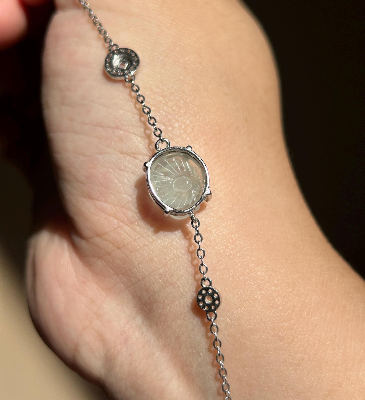 Natural Jadeite Lotus Dainty Bracelet, Burmese Type A Icy Pale Green Jade, Highly Translucent, Sterling Silver