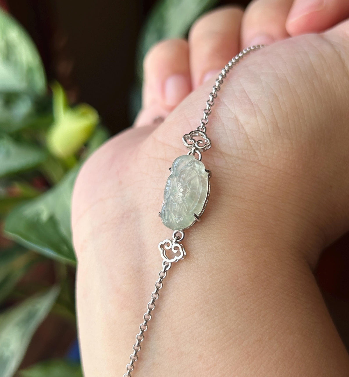 Natural Jadeite Lotus Dainty Bracelet, Burmese Type A Icy Pale Green Jade, Highly Translucent, Sterling Silver
