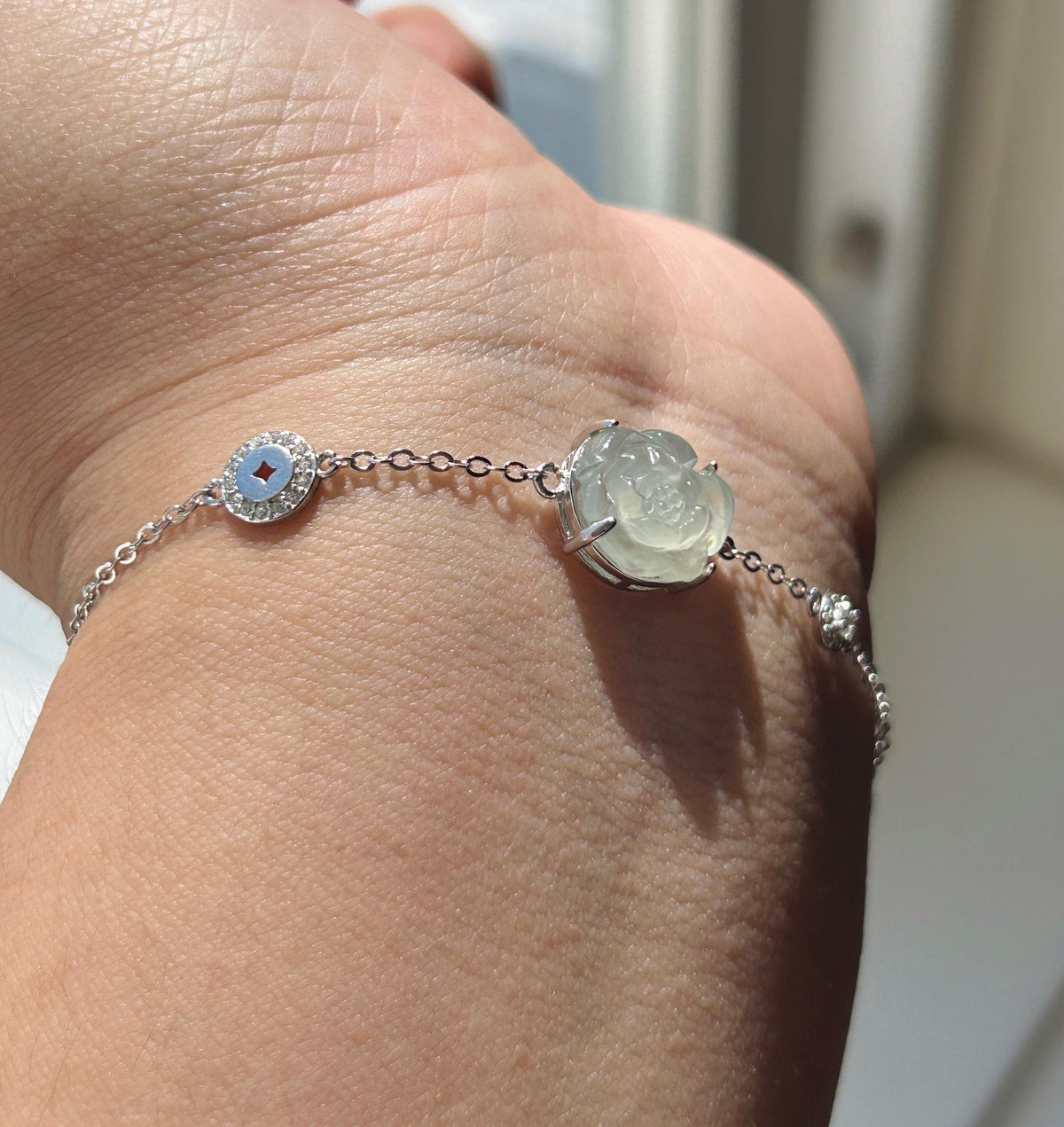 Natural Jadeite Lotus Dainty Bracelet, Burmese Type A Icy Pale Green Jade, Highly Translucent, Sterling Silver