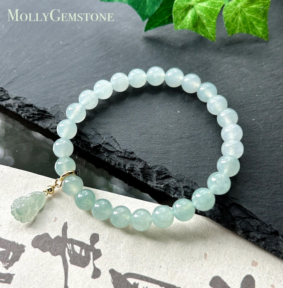 Natural Jadeite Beaded Gradient Bracelet – Burmese Type A Translucent Icy Gradient Blue, Green & White Jade, 7.3mm