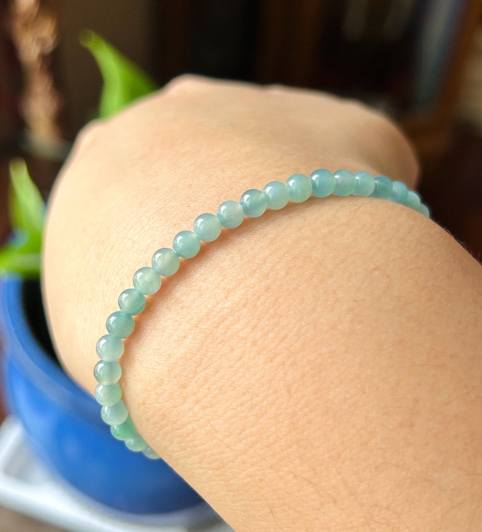 Natural Jadeite Beaded Bracelet – Burmese Type A Highly Translucent Icy Soft Denim Blue Jade, 4.3mm, Minimalist Jewelry