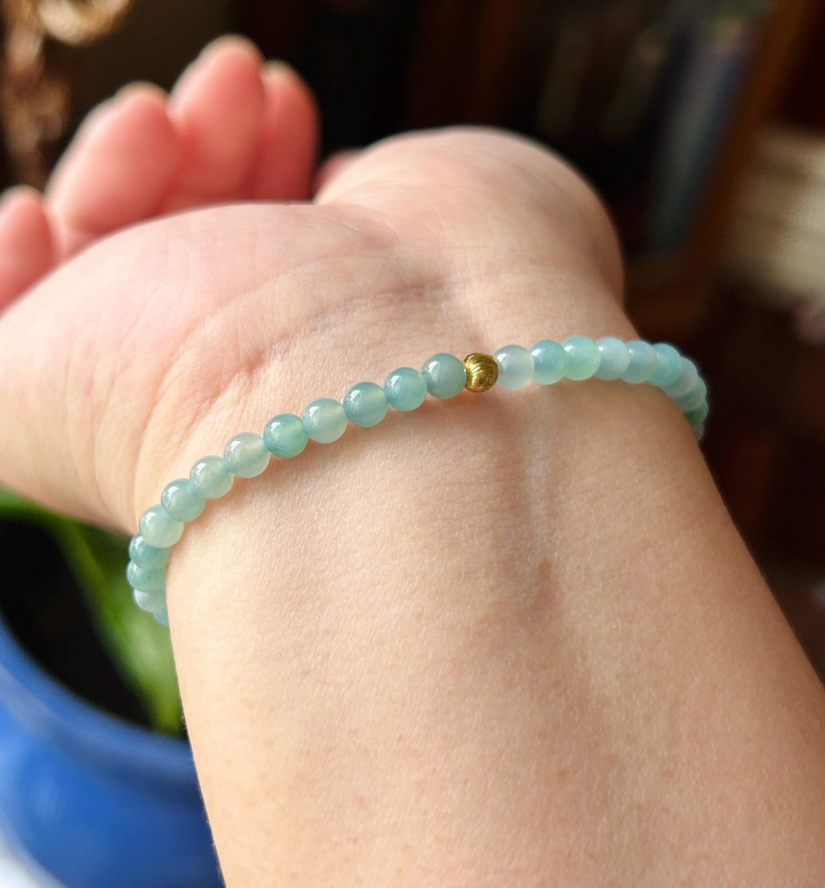Natural Jadeite Beaded Bracelet – Burmese Type A Highly Translucent Icy Soft Denim Blue Jade, 4.3mm, Minimalist Jewelry