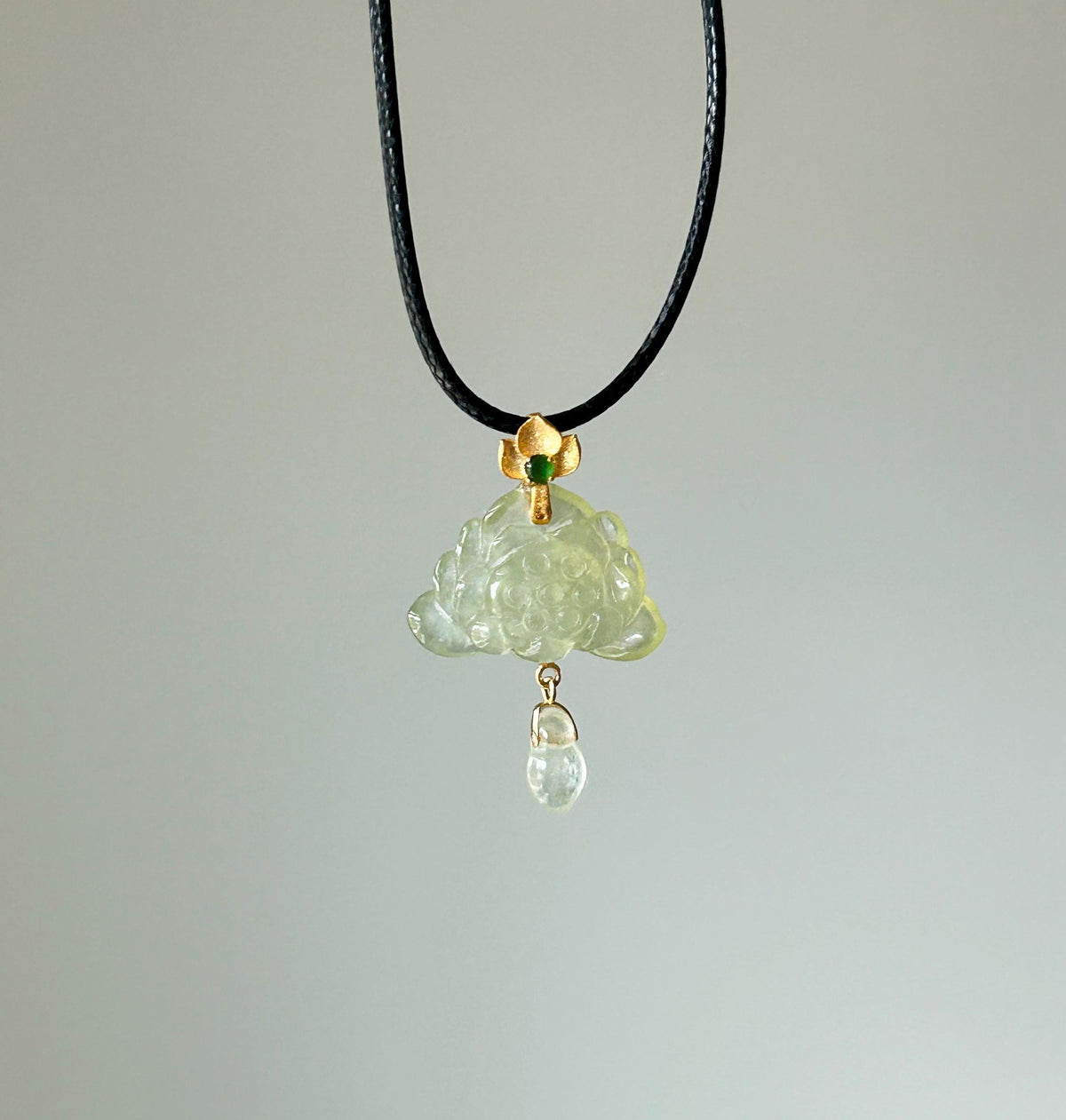 Natural Jadeite Lotus Pendant Minimalist Jewelry Burmese Type A Highly Translucent Icy Light Lemon Yellow Jade, 18k Solid Gold Bail