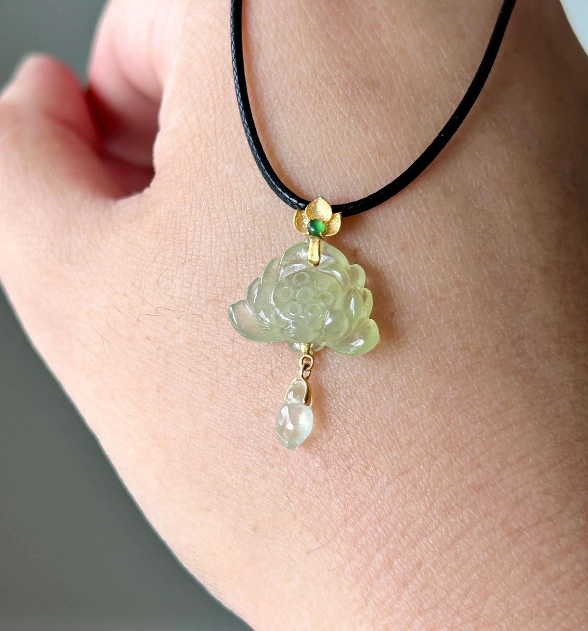 Natural Jadeite Lotus Pendant Minimalist Jewelry Burmese Type A Highly Translucent Icy Light Lemon Yellow Jade, 18k Solid Gold Bail