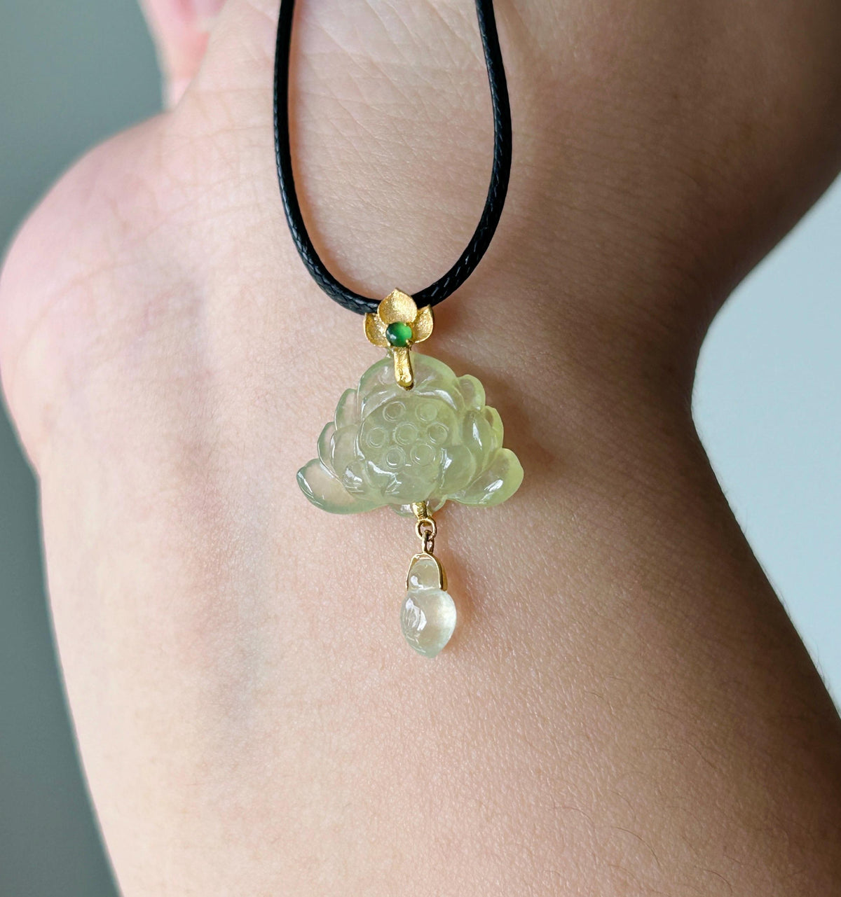 Natural Jadeite Lotus Pendant Minimalist Jewelry Burmese Type A Highly Translucent Icy Light Lemon Yellow Jade, 18k Solid Gold Bail