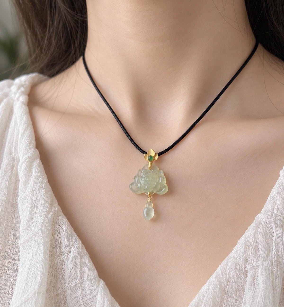 Natural Jadeite Lotus Pendant Minimalist Jewelry Burmese Type A Highly Translucent Icy Light Lemon Yellow Jade, 18k Solid Gold Bail