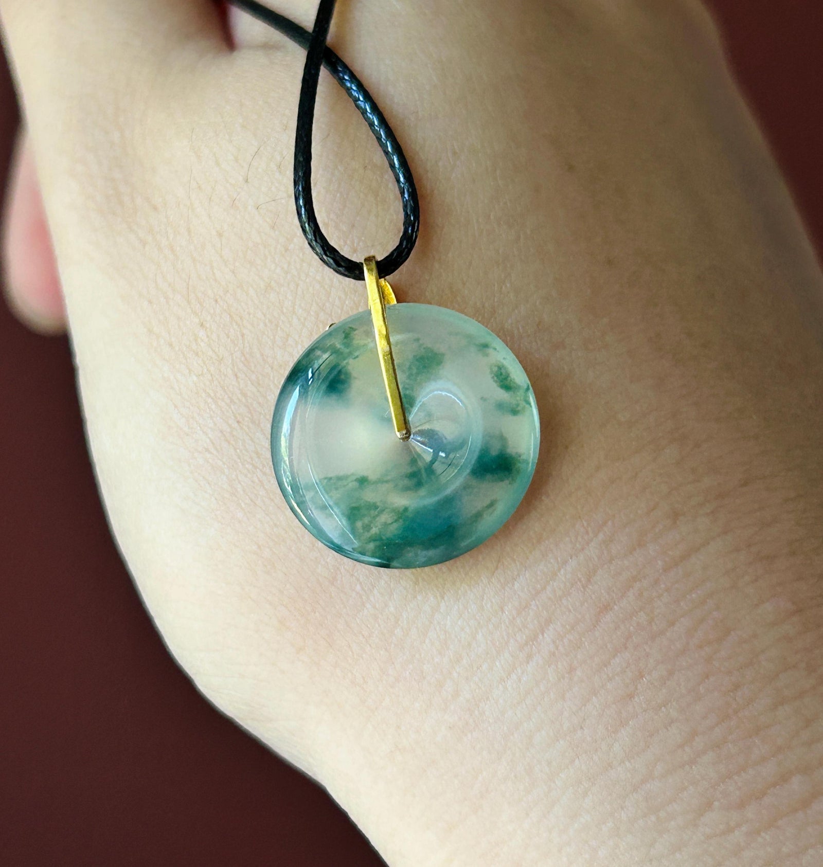 Certified Natural Jadeite Dainty Peace Donut Pendant Burmese Type A Highly Translucent High Icy Bluish Green Floral Jade| 18k Solid Gold
