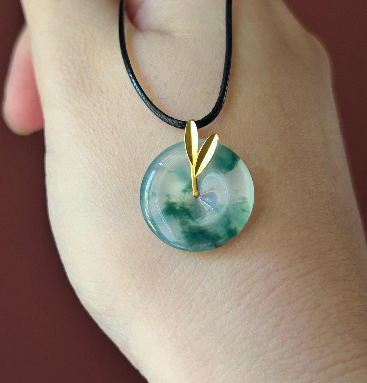 Certified Natural Jadeite Dainty Peace Donut Pendant Burmese Type A Highly Translucent High Icy Bluish Green Floral Jade| 18k Solid Gold