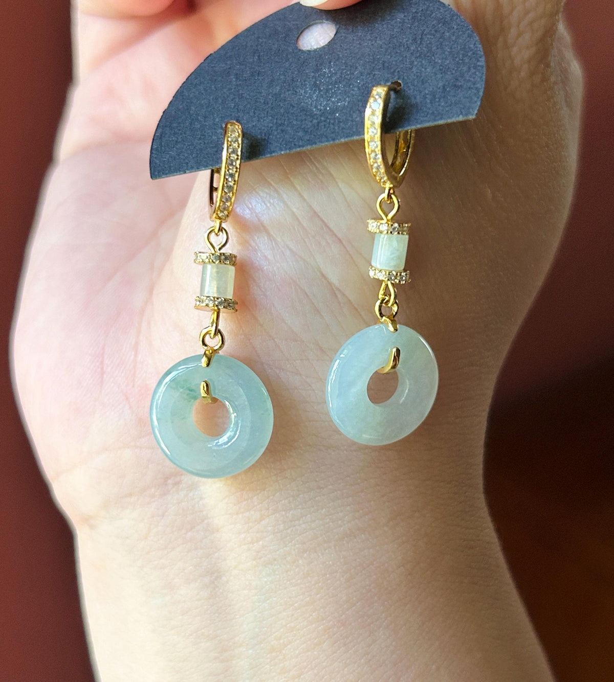 Natural Jadeite Lucky Donut Earrings: Burmese Type A Untreated Icy Glutinous Icy Pale Blue Jade, Sterling Silver, 18k Vermeil