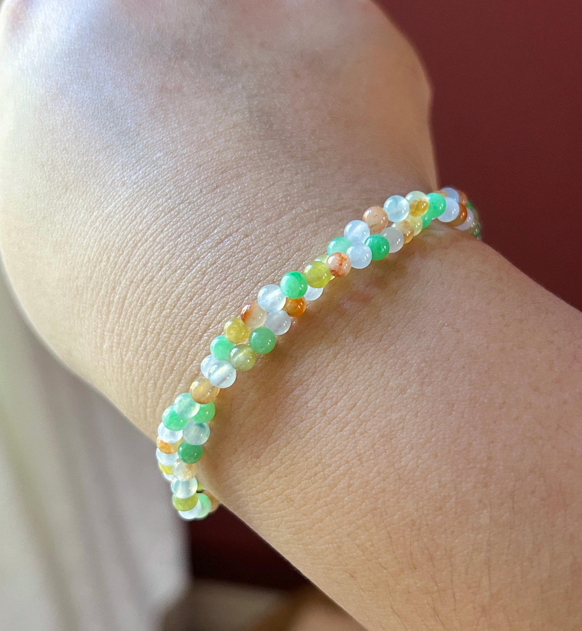Natural Jadeite Twisted Bracelet, Burmese Type A Icy Rainbow Multicolor Jade, 3.4mm Mini Beads, Double Strand