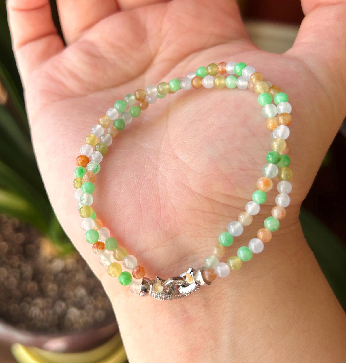 Natural Jadeite Twisted Bracelet, Burmese Type A Icy Rainbow Multicolor Jade, 3.4mm Mini Beads, Double Strand
