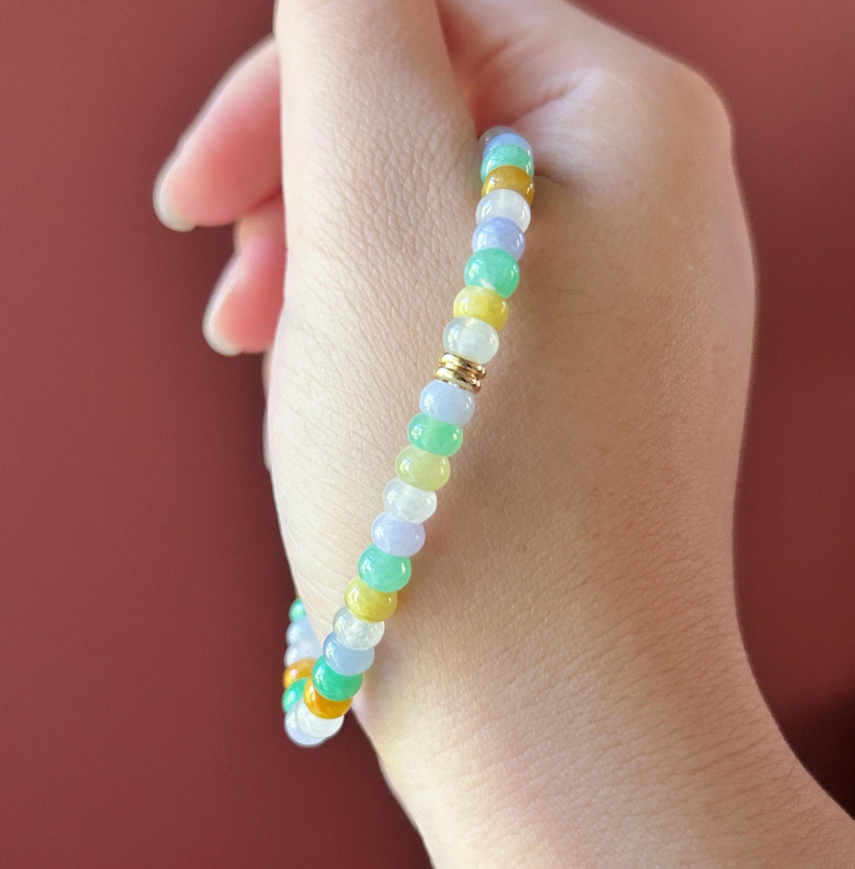 Natural Jadeite Beaded Bracelet, Burmese Type A Translucent Icy Rainbow Multicolor Jade, 5.7mm Abacus Beads