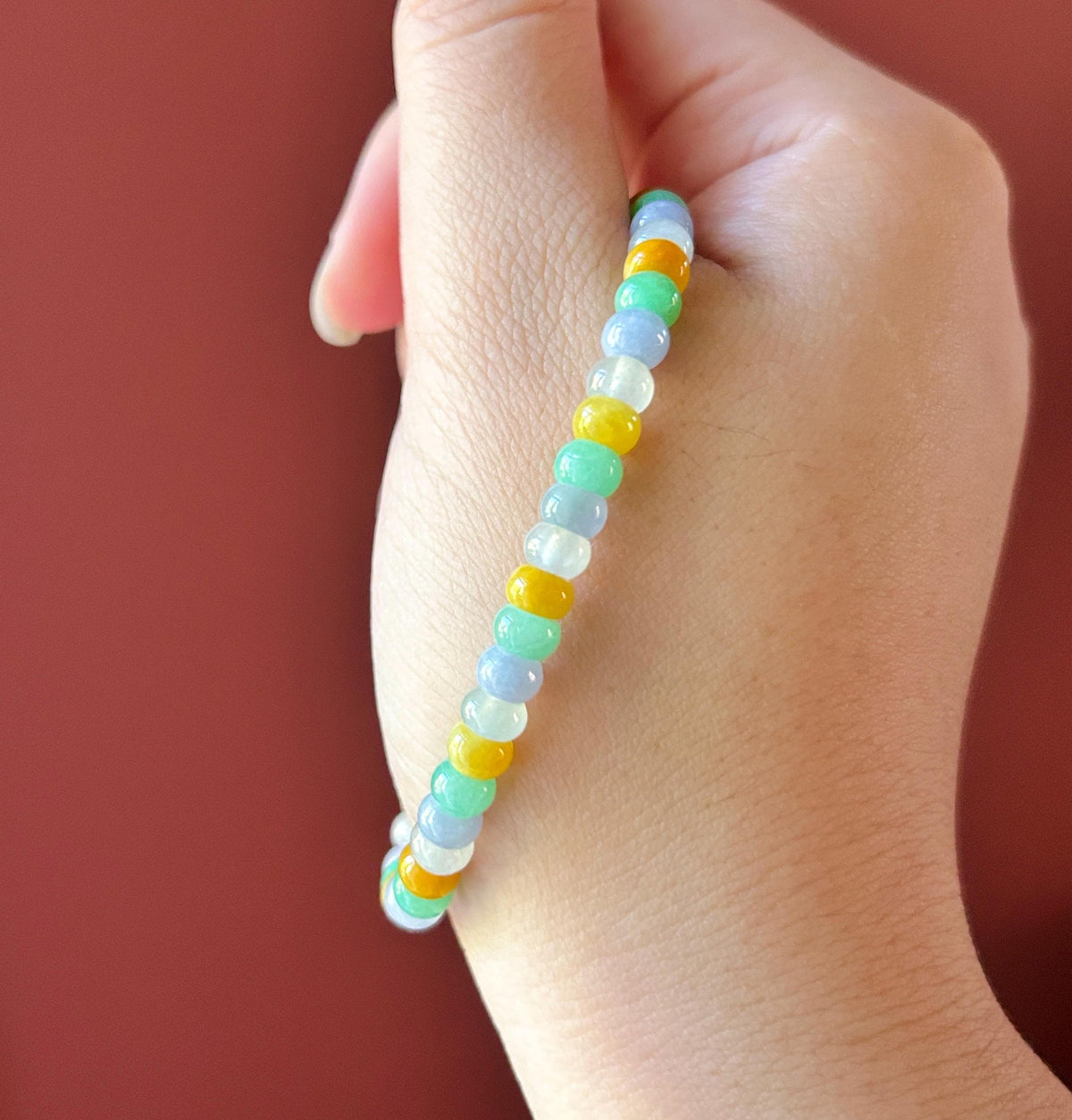 Natural Jadeite Beaded Bracelet, Burmese Type A Translucent Icy Rainbow Multicolor Jade, 5.7mm Abacus Beads