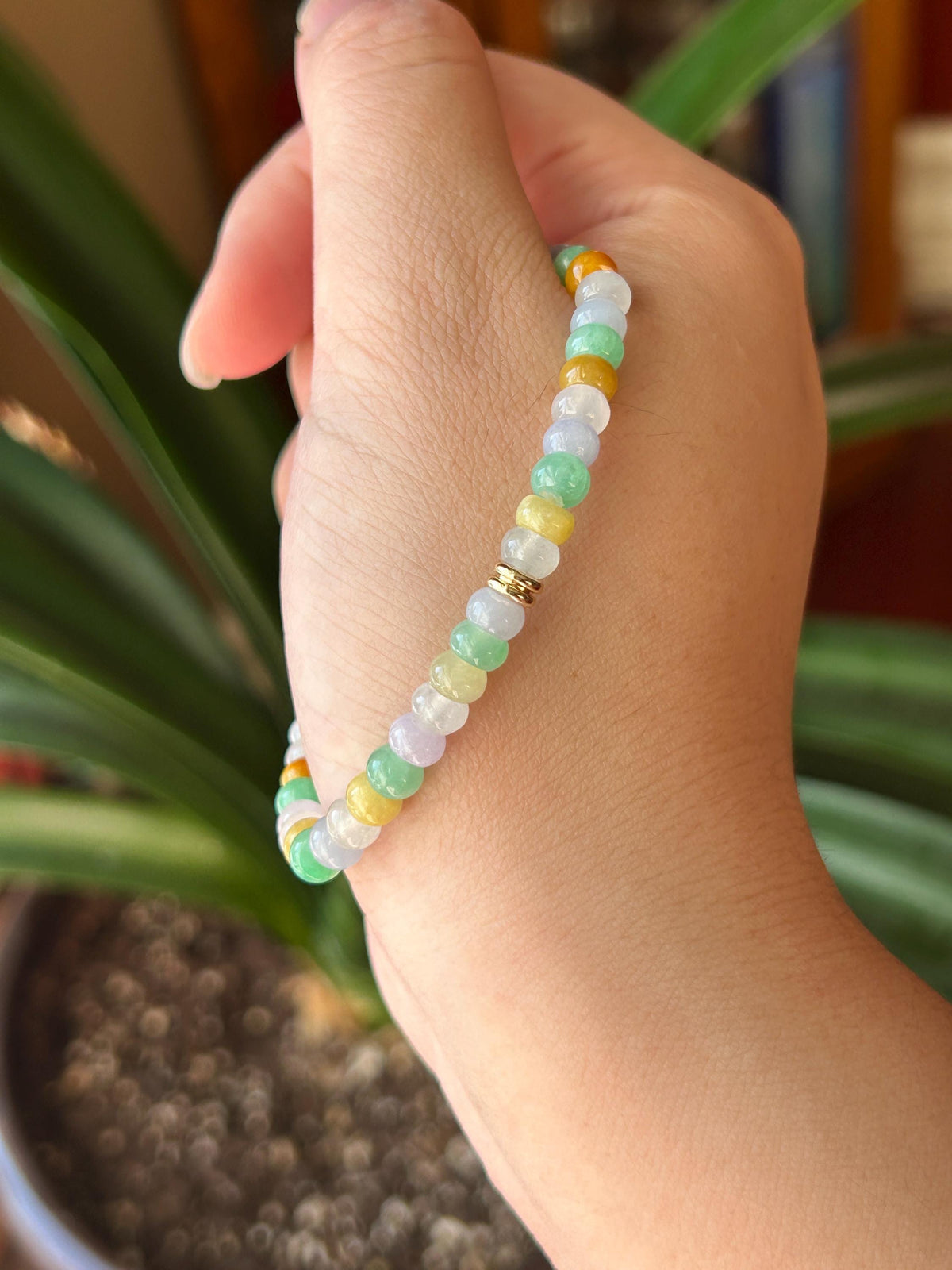 Natural Jadeite Beaded Bracelet, Burmese Type A Translucent Icy Rainbow Multicolor Jade, 5.7mm Abacus Beads